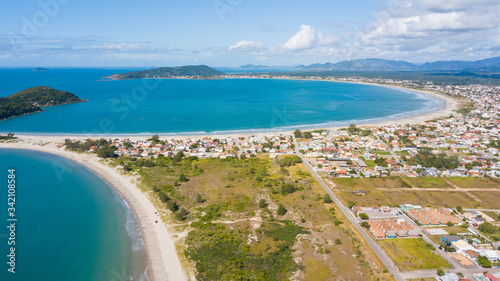 Aerial view of Sonho beach and Pinheira beach, in Palhoça. Beautiful beach in Santa Catarina, Brazil © Jair
