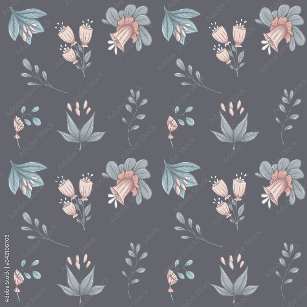 Pink flowers green leaves dark background 300 dpi digital pattern Pink flowers green leaves dark background 300 dpi digital pattern