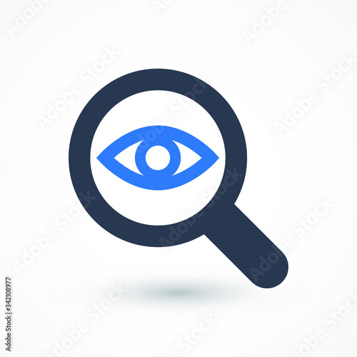 Analysis icon, Analytics financial forecast sign concept. Magnifier with eye icon. Find icon, investigate concept symbol. Eye with magnifying glass. Look, view, creative vision icon