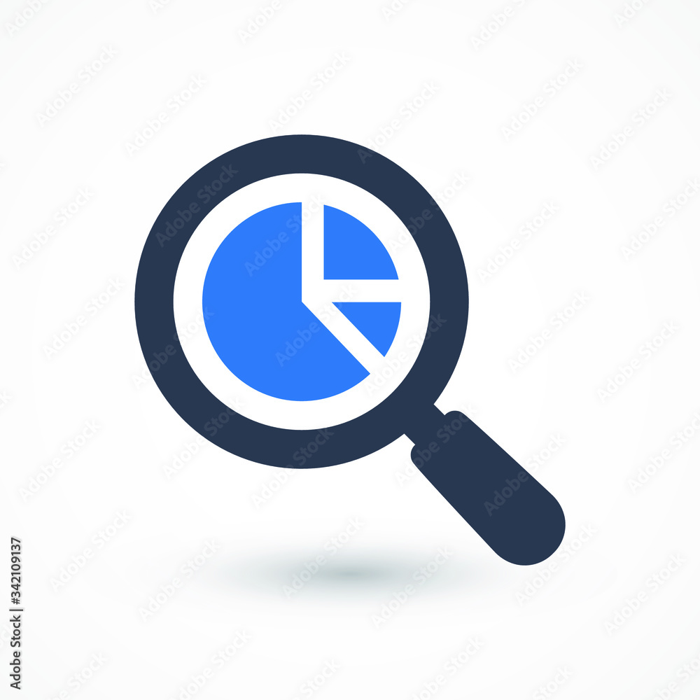 Analytics vector icon. Marketing data analytics, analyzing statistics chart, magnifying glass with stock market graph figures Analytics vector icon. Marketing data analytics, analyzing statistics chart, magnifying glass with stock market graph figures