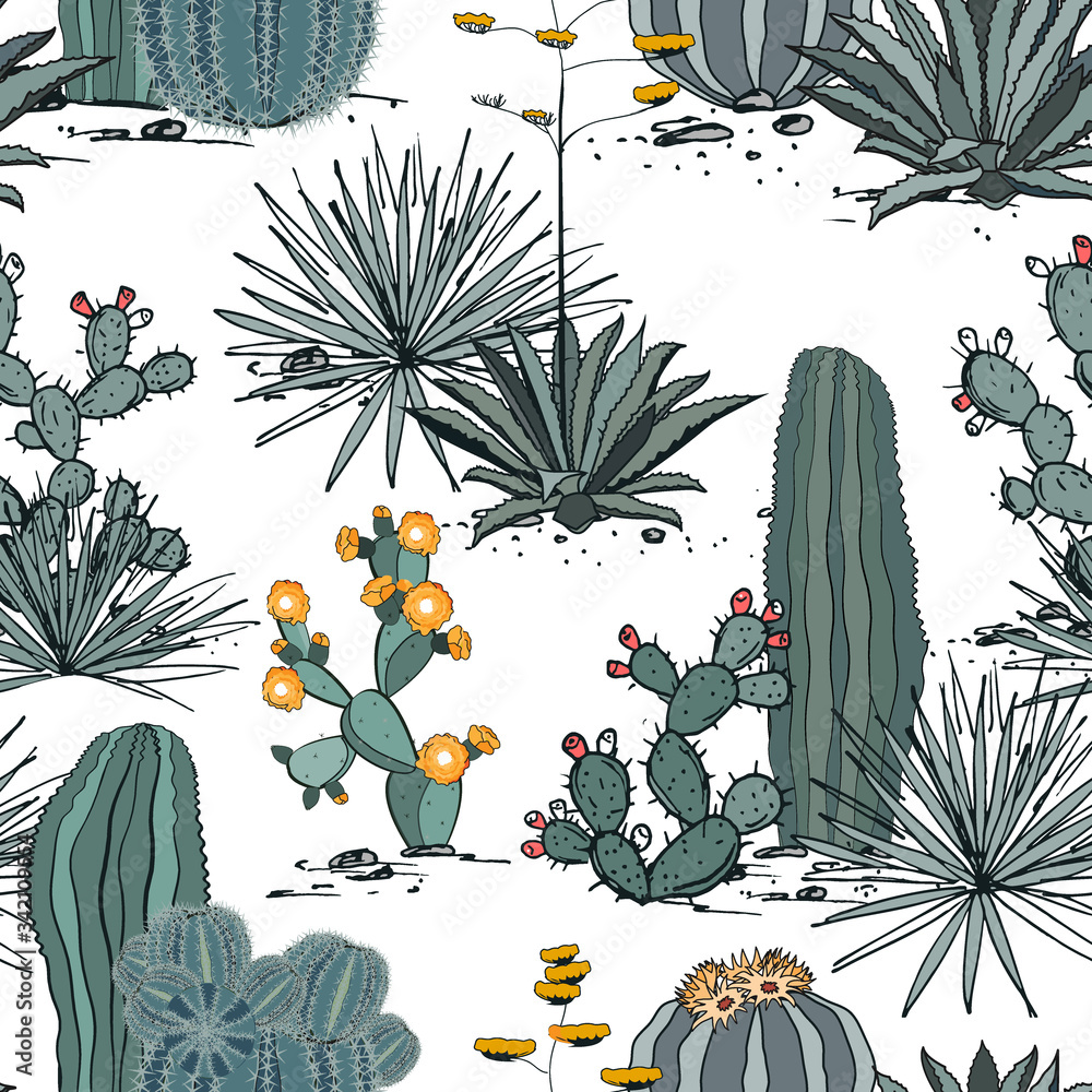 Seamless pattern with cactus plants, blue agave, and prickly pear. Perfect for your project, wedding, greeting card, photos, blogs, wallpaper, textile, texture and more