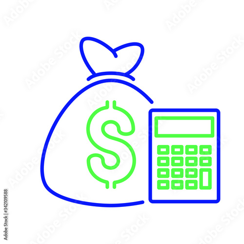 Financial calculation icon. Budget icon. Money sack isolated sign. Calculator