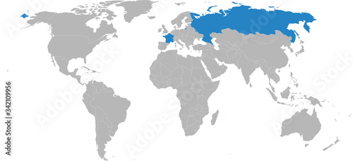 France  russia highlighted on world map. Light gray background. Business concepts  diplomatic  travel  trade and transport relations.