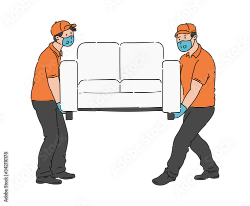 Two furniture movers moving a sofa in medical masks and gloves from COVID-19