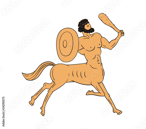 Yellow Ancient Greek centaur warrior holding club and shield