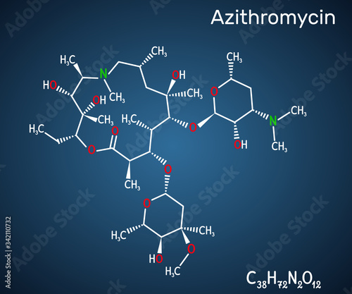 Azithromycin molecule. It is macrolide antibiotic. Сombination of azithromycin and antimalarial drug hydroxychloroquine is used to treat COVID-19. Structural chemical formula