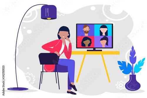 Online meeting via group call. Woman talking to friends, coleagues in video conference at office or home. Concept Freelance, remote work, teleworking, Conference call, quarantine. Vector in flat style