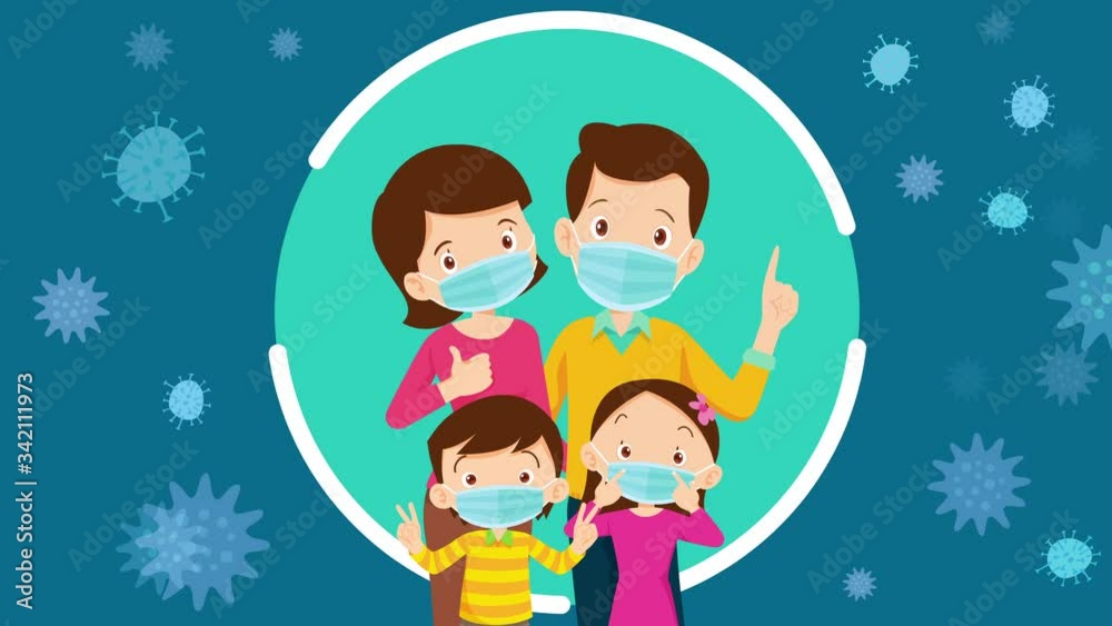 family wearing protective Medical mask for prevent virus.Dad Mom Daughter Son wearing a surgical mask. family wearing protective Medical mask for prevent virus.Dad Mom Daughter Son wearing a surgical mask.