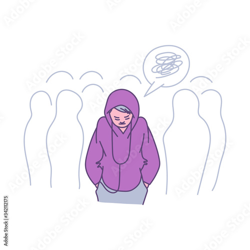 Lonely person in a crowd - cartoon teenager feeling alone among people.