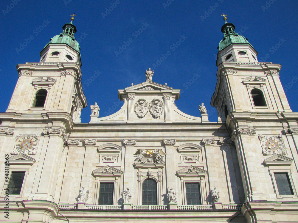 The facade of famous Salzburg cathedral on a sunny day, Austria