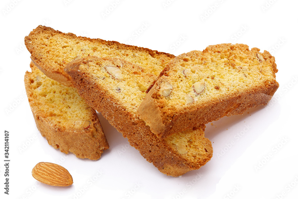 Stacked roasted almond bread isolated on white background