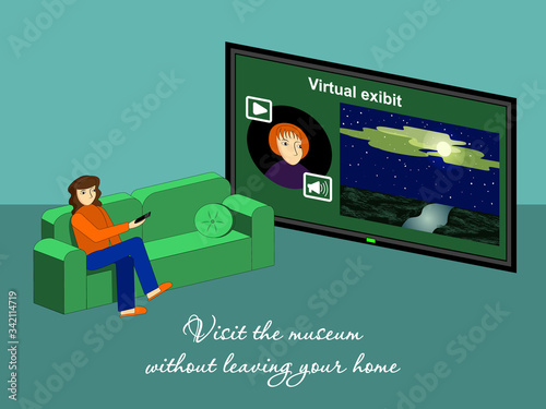 The online exhibition concept. Woman watching a virtual event in a museum or gallery on a TV staying at home. Entertainment during quarantine. Watch picture and listen to the announcer.