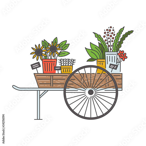 Wooden flower cart on wheels for outdoor floral shop or vendor market