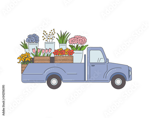 Delivery pickup truck with flowers, sketch cartoon vector illustration isolated.