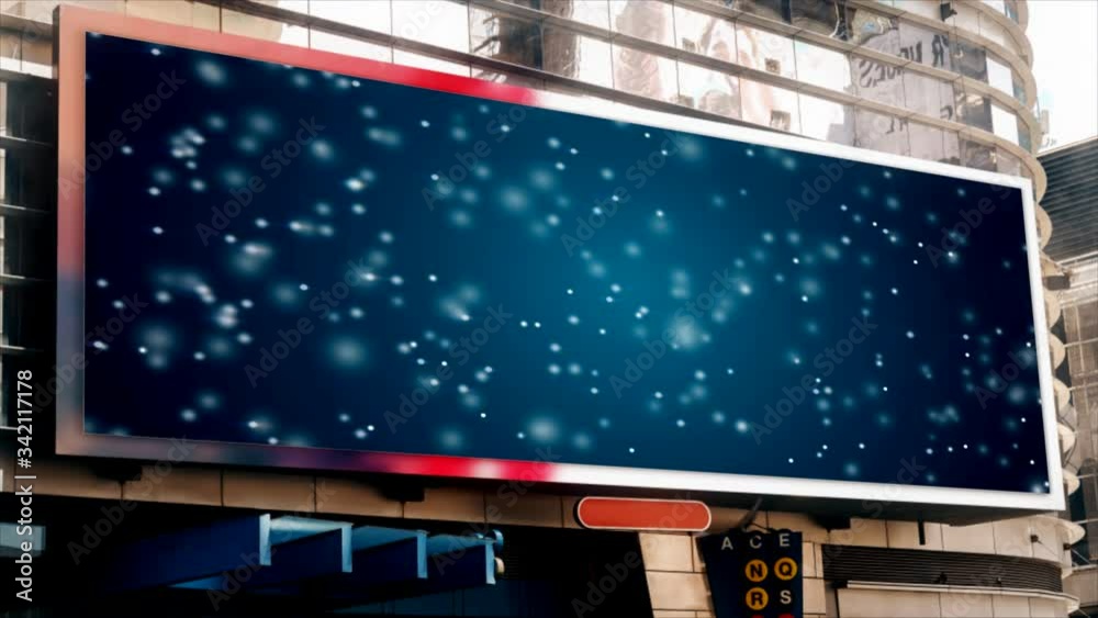 billboard on the street, on the building, blue background with moving particles billboard on the street, on the building, blue background with moving particles