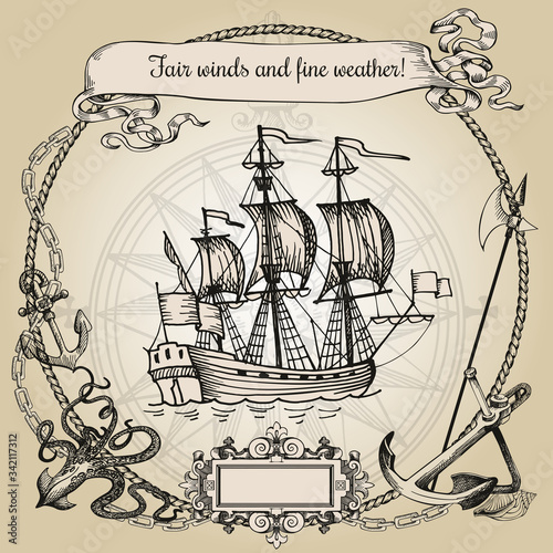 Adventure stories. Pirate background. Vintage border frame. Old caravel, vintage sailboat, sea monster.