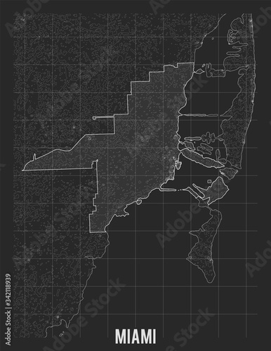 City map of Miami. Vector elevation map of town. Generated conceptual surface relief map. Detailed geographic elegant landscape scheme. Topographic outline poster.