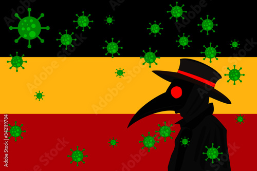 Black plague doctor surrounded by viruses with copy space with GERMANY flag.