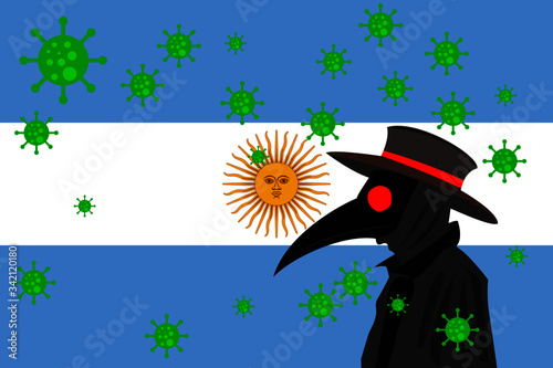 Black plague doctor surrounded by viruses with copy space with ARGENTINA flag.