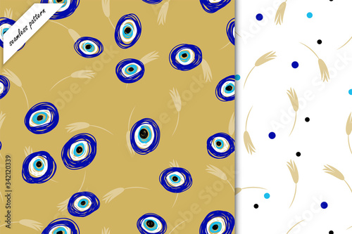 The seamless patterns with turkish amulet and tulips. 