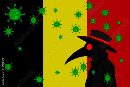 Black plague doctor surrounded by viruses with copy space with BELGIUM flag.