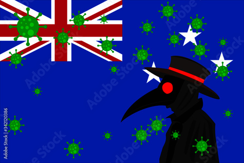 Black plague doctor surrounded by viruses with copy space with AUSTRALIA flag.