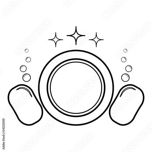 Dishwashing concept Clearing dishes Plate Washcloth Sponge Bubbles Clean kitchen idea icon outline black color vector illustration flat style image