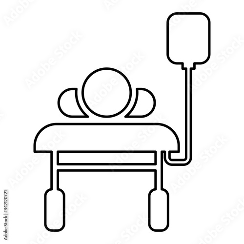 Patient lying on medical bed couch with dropper Man with dropping bottle Emergency therapy concept injecting resuscitation Intensive care icon outline black color vector illustration flat style image