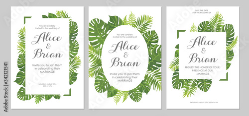 Wedding invitations set. Cards with tropical green leaves design. Floral border. Vector illustration.