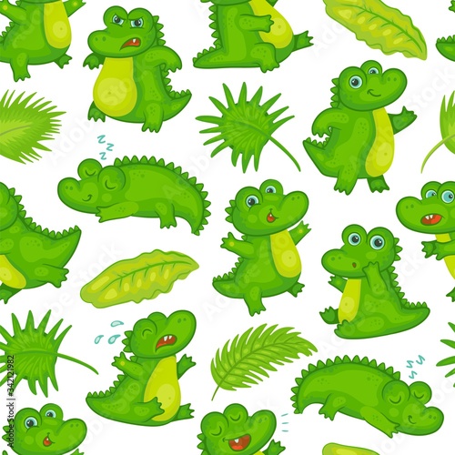 Cartoon crocodile baby and tropical leaves seamless pattern.