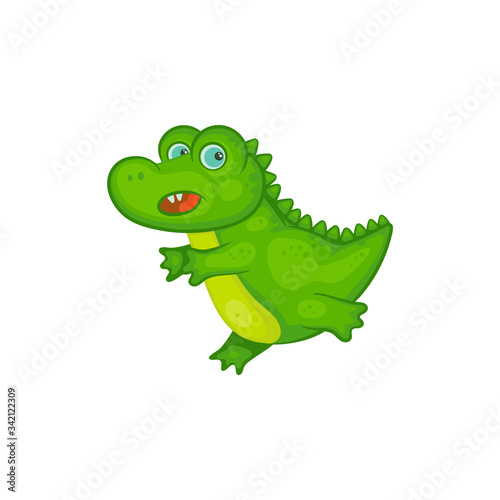 Cute green baby crocodile cartoon character, vector illustration isolated. © sabelskaya