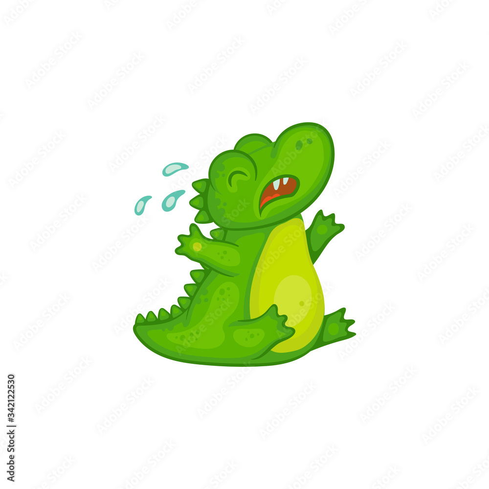 Naklejka premium Crying green cute baby crocodile cartoon character vector illustration isolated.