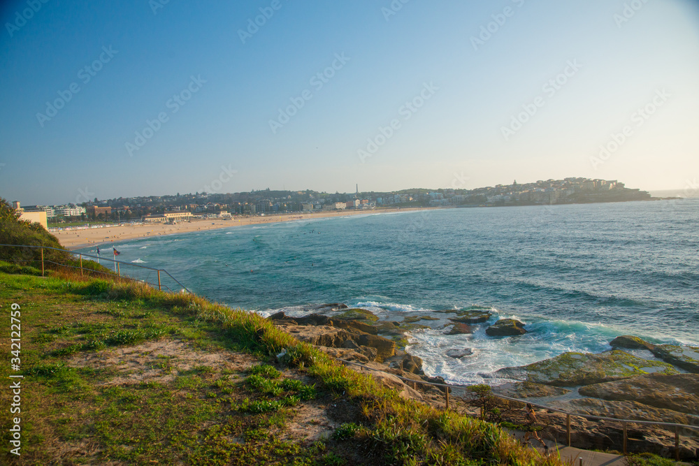 SYDNEY, AUSTRALIA - February 1, 2020: Ocean View of the Bondi Beach in Sydney, NSW, Australia. Australia is a continent located in the south part of the earth.