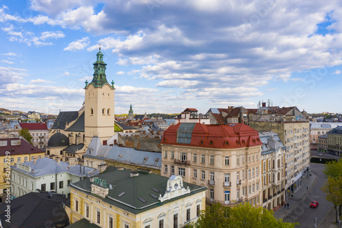 View on Latin Cathedral in Lviv, Ukraine from drone