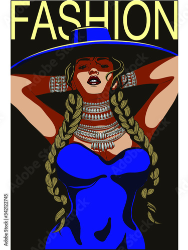 Girl in a boho style with a hat with wide brim and braided braids, Fashion picture in FASHION, Layers of crystals necklace precious stones, little black dress, illustration in the fashion magazine, Mo