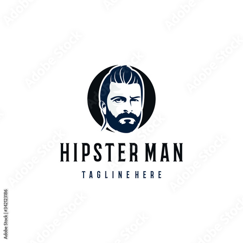 Hipster man logo design. Awesome hipster man logo. A man with beard in cirlce logotype.