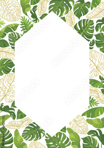 Polygonal frame with green tropical leaves and line art graphic. Floral border with place for text. Vector illustration.