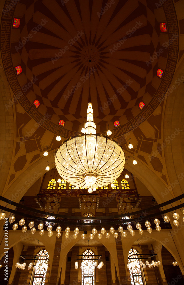 MANAMA, BAHRAIN - JUNE 26: A splendid interior of the Al Fateh Grand Mosque on June 26, 2017, Manama, Bahrain. Al Fateh mosque is one of the largest mosque in the world