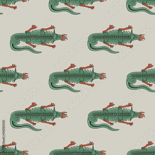 Seamless geometrical pattern with fantastic dragons. Medieval illuminated manuscript motif. Fantastic monster animals.