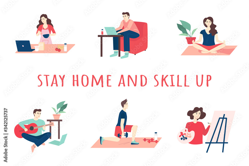 Stay at home and skill up set. People learn to cook, do fitness, meditate, work, draw, learn to play the guitar at home. Vector flat cartoon illustration