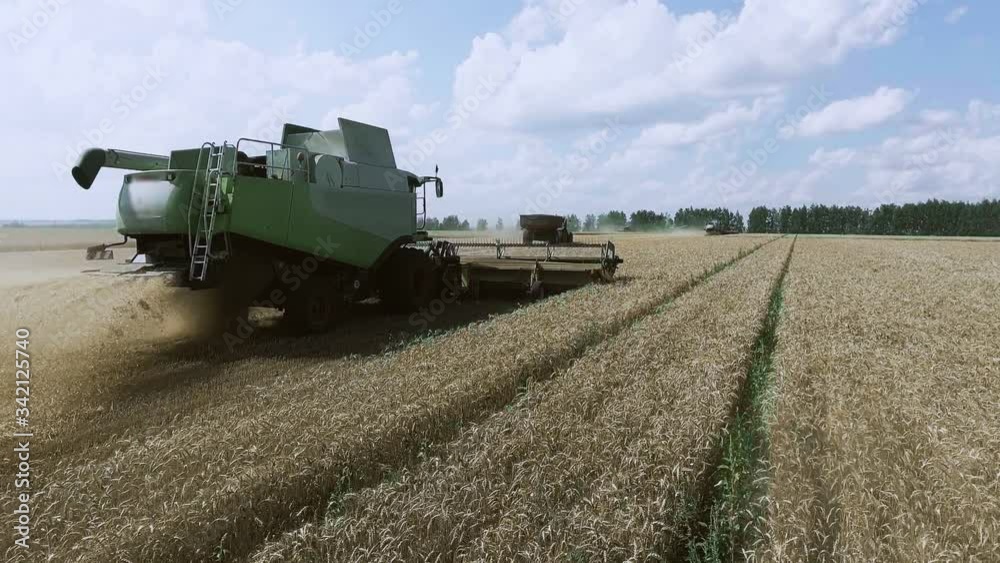 Aerial view of modern combine harvesting wheat on the field. Aerial view of modern combine harvesting wheat on the field.