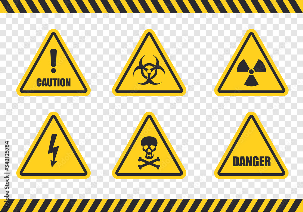 Danger grunge vector signs. Hazard warning attention sign with exclamation mark symbol. Radiation sign, biohazard sign, toxic sign, poison sign. Danger grunge vector signs. Hazard warning attention sign with exclamation mark symbol. Radiation sign, biohazard sign, toxic sign, poison sign.