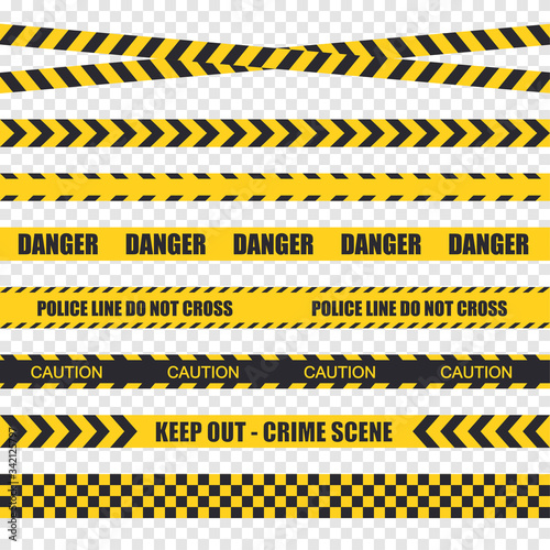 Vector black and yellow police stripe border. Set of danger caution seamless tapes. Art design crime line for restriction and dangerous zones. © Yuliia