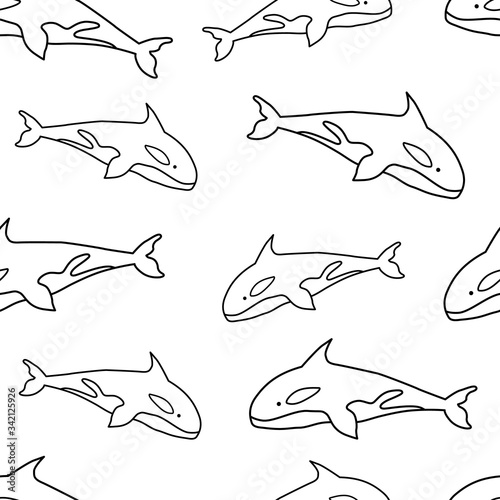 Doodle killer whale pattern design. Ocean animals pattern with doodle killer whale. Seamless hand drawn killer whale pattern