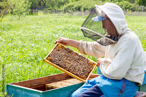 the beekeeper works with honey frames in evidence. The concept of the beekeeper. © Евгений Гончаров