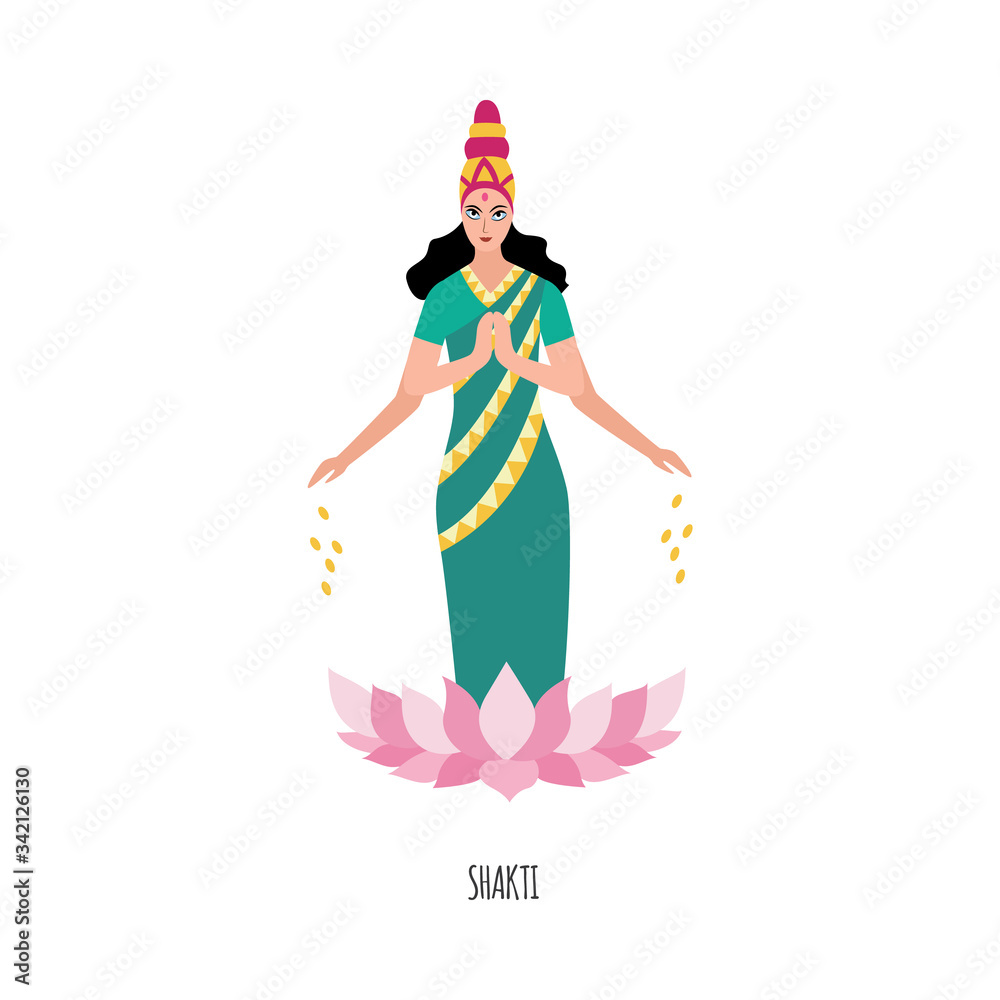 Indian goddess or deity Shakti in lotus flower flat vector illustration isolated.