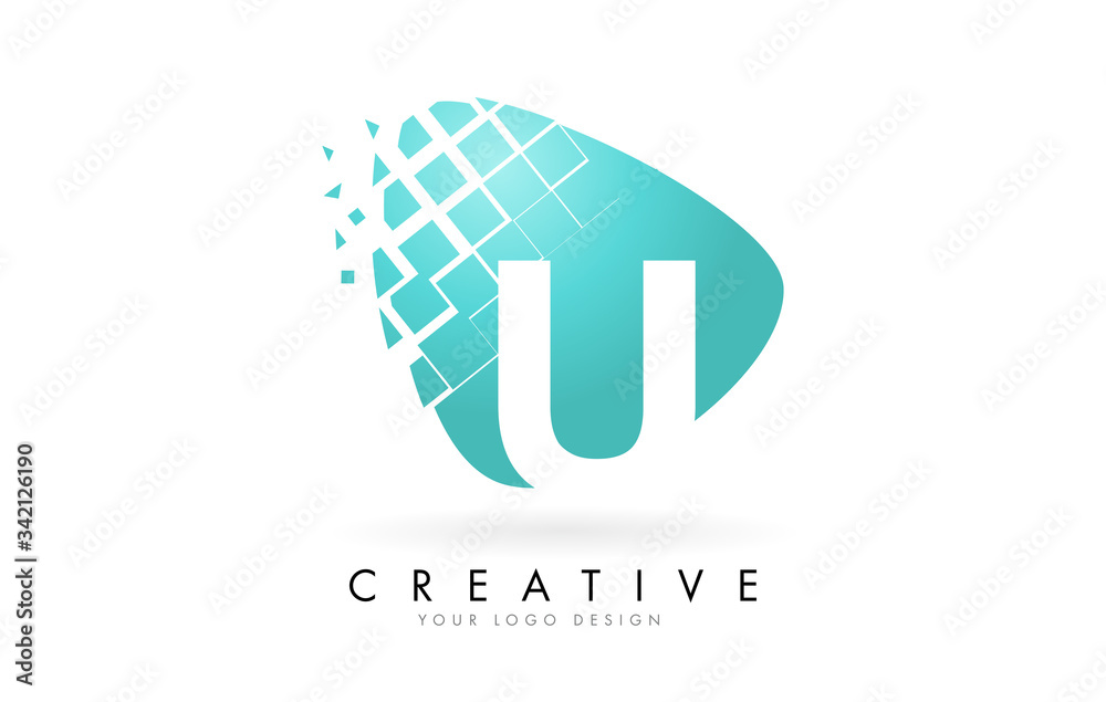 Letter U Design with Aqua Green Shattered Blocks Vector Illustration. Pixel art of the U letter logo. 