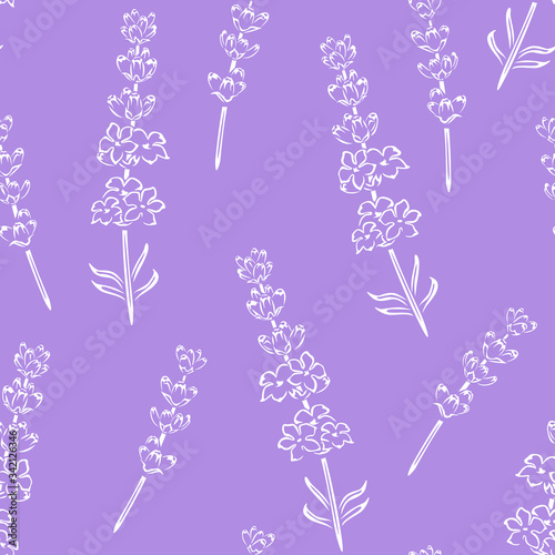 Lavender flowers outline seamless pattern. Simple vector monochrome illustration of beautiful spring flower. Floral purple background.