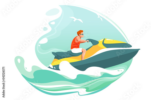 Man ride jetski in sea vector poster. Aquabike on ocean waves illustration. Summer cartoon landscape with character in sunglasses on water scooter. Extreme watersport banner. Wave isolated background photo