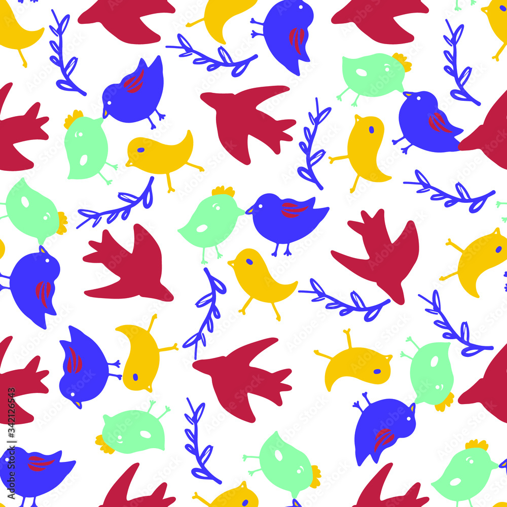 Fototapeta premium Birds seamless pattern. Doodle funny illustration for your de